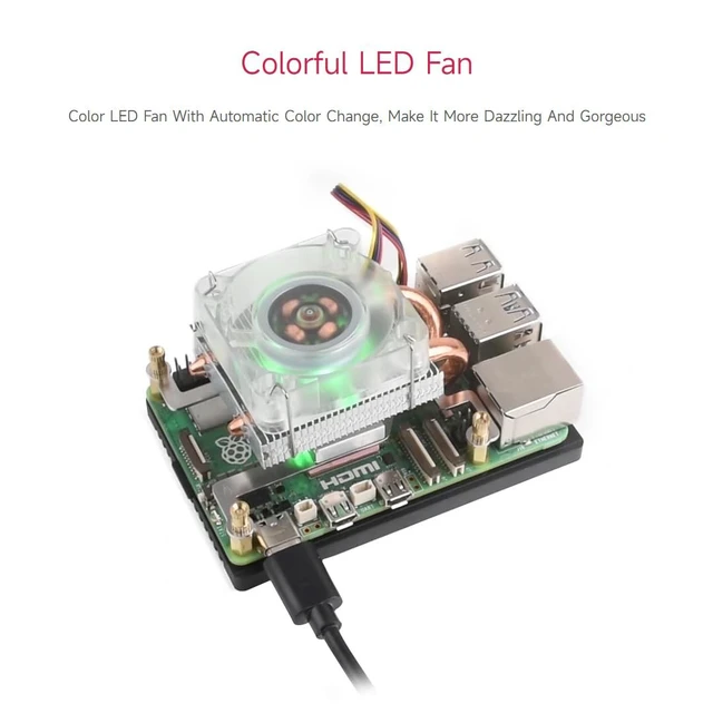 Alt view image 5 of 5 - Waveshare Low-Profile ICE Tower CPU Cooling Fan, Compatible with Raspberry Pi 5, U-Shaped Copper Tube, Cooling Fins, Cooler with Colorful RGB LED