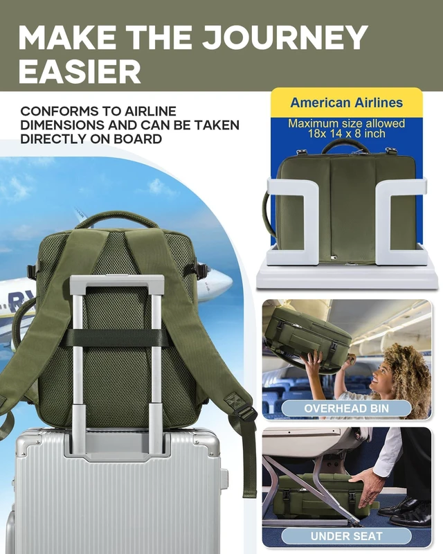 Alt view image 5 of 5 - bergsalz Large Travel Backpack For Women Men,Carry On Backpack For Traveling On Airplanes,Personal Item Travel Bag Laptop Work Backpacks Olive Green