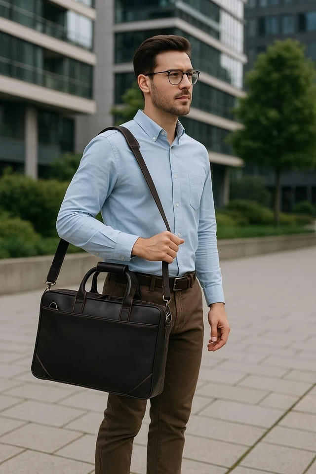 Alt view image 2 of 5 - Full Grain Leather Slim Briefcase for Men 15.6 Inch Laptop Crossbody Shoulder Messenger Bags Brown Vintage Attache Case Business Work Lawyer Computer Bag