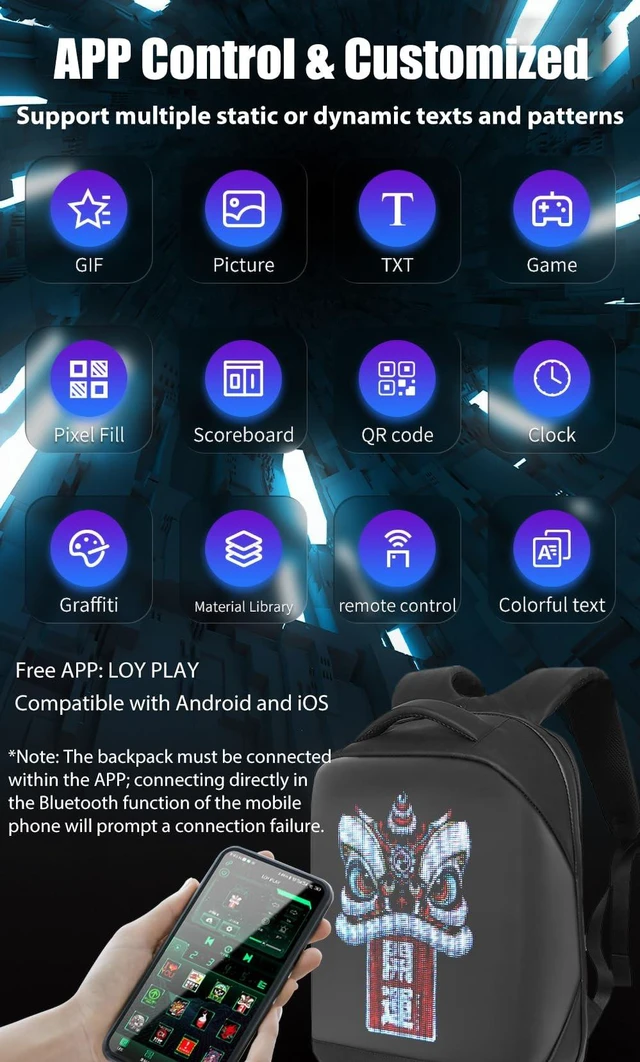 Alt view image 4 of 5 - MYKYLIN LED Backpack Waterproof, 96 * 128 Pixel, Customizable Images, Black