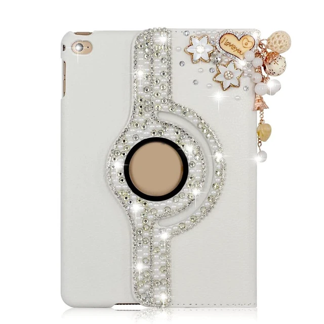 Alt view image 2 of 4 - STENES Bling Case Compatible with iPad Pro 12.9 (2022) - Stylish - 3D Handmade Crystal Heart Pendant Flowers Floral 360 Degree Rotating Stand Case with Smart Cover Auto Sleep/Wake - Gold