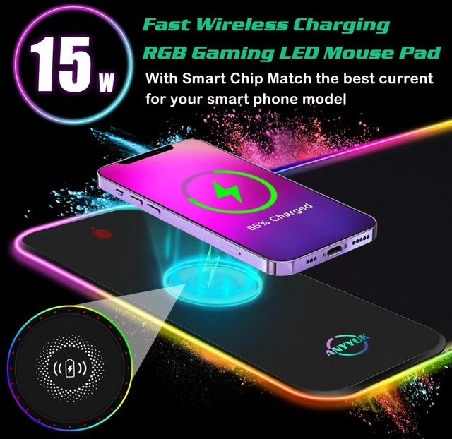 Alt view image 2 of 5 - RGB LED Mouse Pad with 15W Wireless Charger Gaming Mouse Pad with 10 Light Modes, Extra Large Mousepad Non-Slip Rubber Base Computer Keyboard Mat for Men