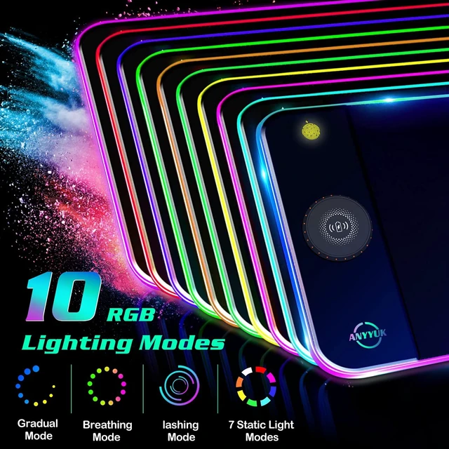 Alt view image 4 of 5 - RGB LED Mouse Pad with 15W Wireless Charger Gaming Mouse Pad with 10 Light Modes, Extra Large Mousepad Non-Slip Rubber Base Computer Keyboard Mat for Men