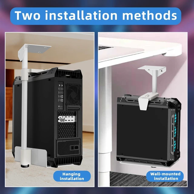 Alt view image 4 of 5 - Under Desk and Wall Computer Mount, CPU Tower Holder Under Desk Mount Height & Width Adjustable, Computer Case Stand Holder Holds 46 lbs, 360 Swivel PC Mount, Under Desk CPU Holder Mount, White