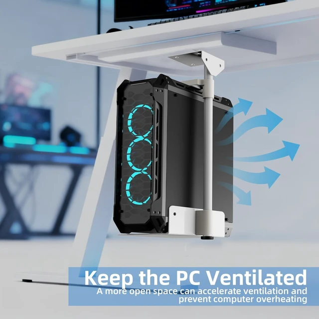 Alt view image 5 of 5 - Under Desk and Wall Computer Mount, CPU Tower Holder Under Desk Mount Height & Width Adjustable, Computer Case Stand Holder Holds 46 lbs, 360 Swivel PC Mount, Under Desk CPU Holder Mount, White