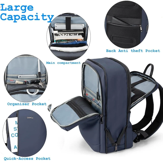 Alt view image 4 of 5 - Tzowla Business Commute Laptop Backpack Fit 17.3 Inch Laptop,Slim & Expandable Waterproof Work Backpacks with Luggage Strap,Travel Lightweight Bag Gift for Men Women(Blue)