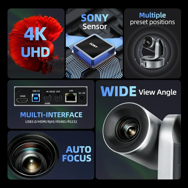 Alt view image 3 of 5 - Vunvooker 4K Conference Room Camera,PTZ Camera 20X Optical Zoom with IP/USB3.0/HDMI/RS232/RS485 for IP Live Streaming Video Conference and Church Education