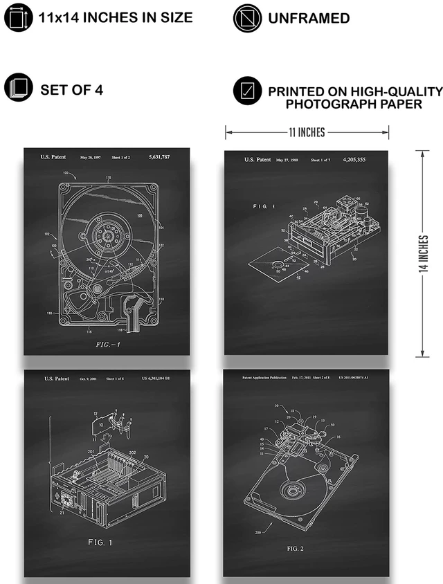 Alt view image 3 of 5 - Govivo Computer Hard Drive Patents - Set of 4 Wall Art Decor for Home Office School College Teacher Student Tech Support Department Man Cave Geek