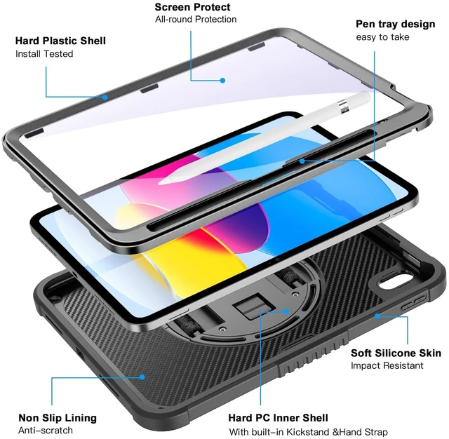 Alt view image 3 of 5 - ZtotopCases for iPad (A16) 11th/10th Generation 11''/10.9'' 2025/2022, Heavy Duty Case with Screen Protector & 360-Rotating Hand Strap, Full-Body Drop Protection Cover, Black