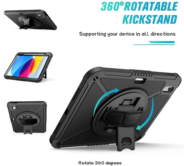 Alt view image 5 of 5 - ZtotopCases for iPad (A16) 11th/10th Generation 11''/10.9'' 2025/2022, Heavy Duty Case with Screen Protector & 360-Rotating Hand Strap, Full-Body Drop Protection Cover, Black