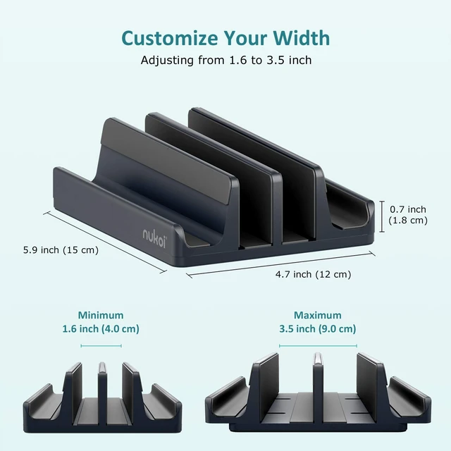 Alt view image 3 of 5 - Nukoi Vertical Laptop Stand - SPACEMax Adjustable GRIPLock Anti-Tip Silicone 4 Slots Aluminum Desktop Holder - Double Dock Stand - 2 Phone Slots Fits Up to 17.3 Laptops, Tablets, Phones - Gray