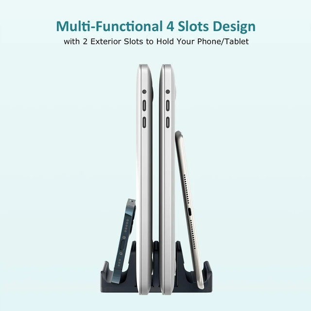 Alt view image 4 of 5 - Nukoi Vertical Laptop Stand - SPACEMax Adjustable GRIPLock Anti-Tip Silicone 4 Slots Aluminum Desktop Holder - Double Dock Stand - 2 Phone Slots Fits Up to 17.3 Laptops, Tablets, Phones - Gray