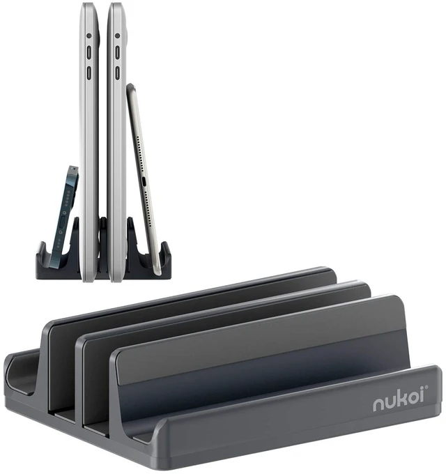Main image of Nukoi Vertical Laptop Stand - SPACEMax Adjustable GRIPLock Anti-Tip Silicone 4 Slots Aluminum Desktop Holder - Double Dock Stand - 2 Phone Slots Fits Up to 17.3 Laptops, Tablets, Phones - Gray