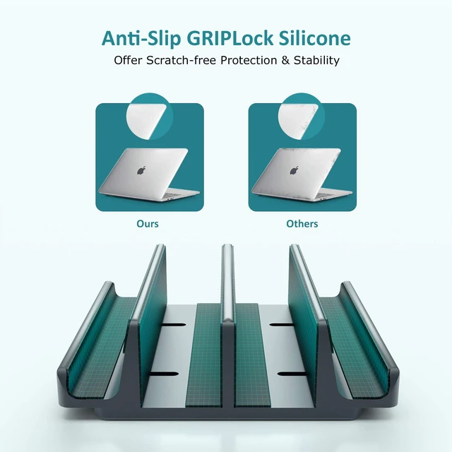 Alt view image 5 of 5 - Nukoi Vertical Laptop Stand - SPACEMax Adjustable GRIPLock Anti-Tip Silicone 4 Slots Aluminum Desktop Holder - Double Dock Stand - 2 Phone Slots Fits Up to 17.3 Laptops, Tablets, Phones - Gray