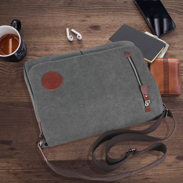 Alt view image 3 of 5 - Mactso Vintage Canvas Messenger Bag for Men Women, 13.5 Inch Laptop Satchel Shoulder Bag with Multiple Pockets, Crossbody Bag for Work Travel College (Grey)
