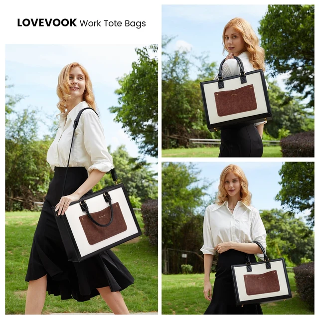 Alt view image 2 of 5 - LOVEVOOK Laptop Tote Bag for Women, 15.6 Inch Work Bags, Vintage Leather Tote Bag, Waterproof Computer Bags with Clutch Purse, Large Capacity Messenger Bag for Teacher College Business Office