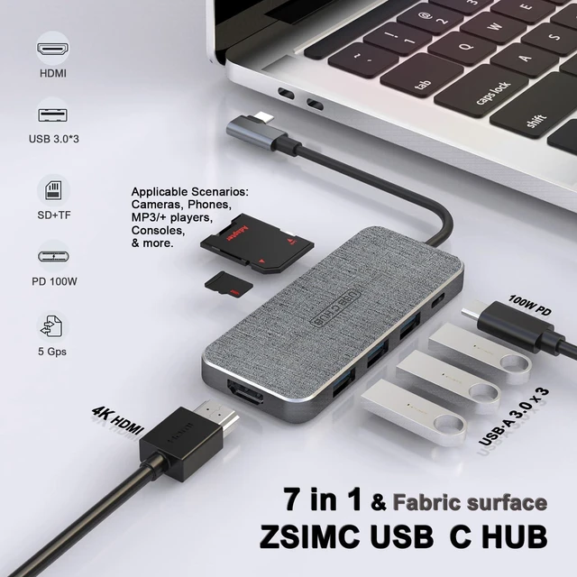 Alt view image 2 of 5 - USB C Hub, ZSIMC 7-in-1 Docking Station Multiport Adapter with 4K HDMI, 100W Power Delivery, 3 USB 3.0 Ports, SD/TF Card Reader for MacBook Pro/Air, iPad Pro/Mini 6, Surface and More Type C Laptops