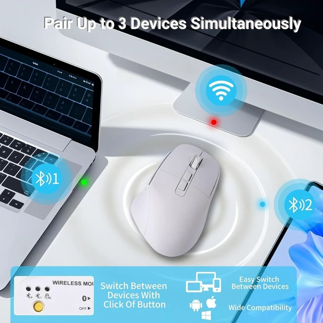 Alt view image 4 of 5 - Ergonomic Mouse Jiggler,Bluetooth Vertical Wireless Mouse,LED Rechargeable Optical Computer Mice, Portable(BT5.2 or USB 2.4GHz) Dual Mode,1000/1600/2400 DPI,8 Buttons for Laptop,PC,Macbook (whi