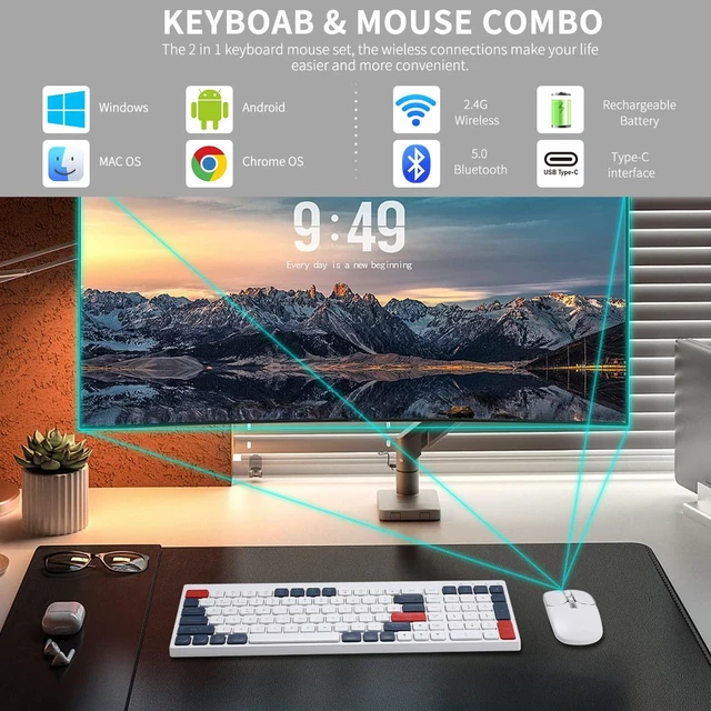Alt view image 2 of 5 - Bluetooth Wireless Keyboard and Mouse Combo Tri-Mode (BT5.1+BT5.1+2.4GHz) Type-C Rechargeable Cordless Keyboard Mouse, Ultra-Thin Full-Size Keyboard and Mouse for Laptop/Mac/iPad/Chromebook Gre
