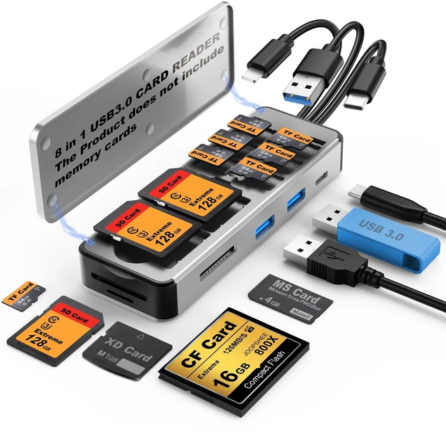 Main image of 8in1 Multi SD Card Reader Adapter Aluminum with Card Storage Carrying Box SD/TF/CF/MS/XD/Cfast/Memory Stick Pro Duo USB3.0 C&A Port for Phone/Pad/PC/Laptop,No Application Required Plug and Play