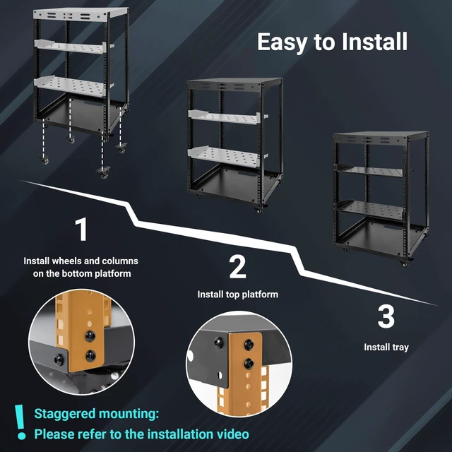 Alt view image 2 of 5 - Eastrexon 15U Open Frame Server Rack, Wall-mountable IT Rack w/Swivel Casters, 2 Rack Shelves, Top & Bottom Panels, Network Rack for Stereo/Computer/Data/IT/AV Equipment, 19.7L x 18.8W x 32.3H