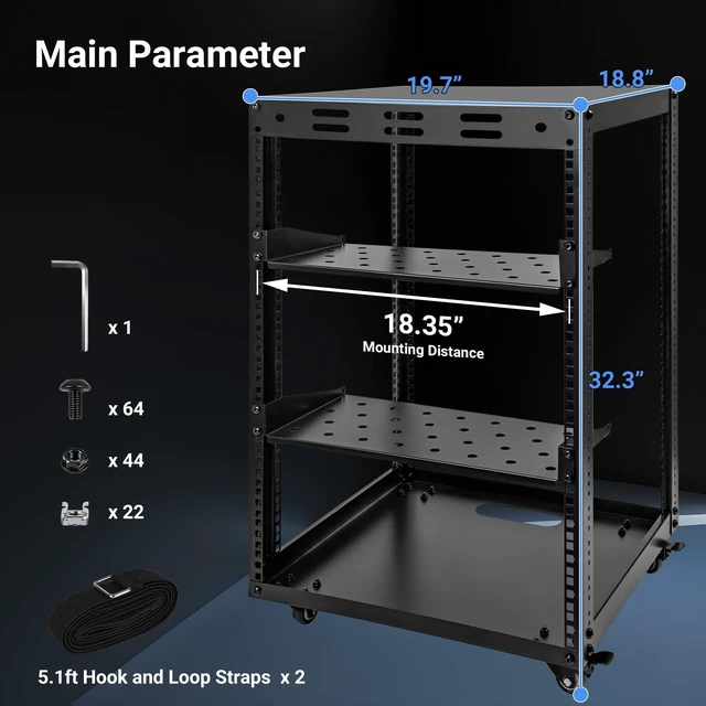 Alt view image 3 of 5 - Eastrexon 15U Open Frame Server Rack, Wall-mountable IT Rack w/Swivel Casters, 2 Rack Shelves, Top & Bottom Panels, Network Rack for Stereo/Computer/Data/IT/AV Equipment, 19.7L x 18.8W x 32.3H