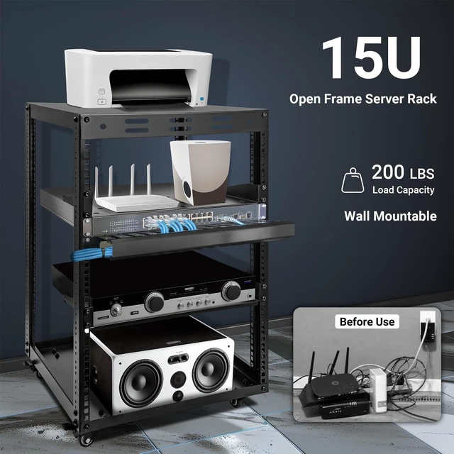 Alt view image 4 of 5 - Eastrexon 15U Open Frame Server Rack, Wall-mountable IT Rack w/Swivel Casters, 2 Rack Shelves, Top & Bottom Panels, Network Rack for Stereo/Computer/Data/IT/AV Equipment, 19.7L x 18.8W x 32.3H