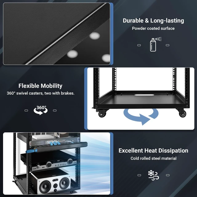 Alt view image 5 of 5 - Eastrexon 15U Open Frame Server Rack, Wall-mountable IT Rack w/Swivel Casters, 2 Rack Shelves, Top & Bottom Panels, Network Rack for Stereo/Computer/Data/IT/AV Equipment, 19.7L x 18.8W x 32.3H