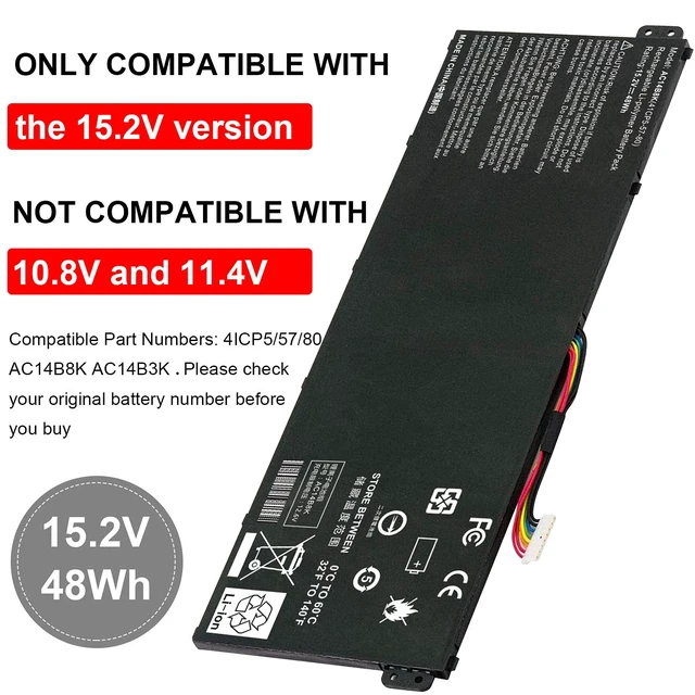 Alt view image 3 of 5 - AC14B8K Laptop Battery for Acer Aspire R3-131T R5-471T R5-571T R5-571TG E3-111 E3-112 ES1-511 ES1-512 ES1-531 ES1-520 ES1-111M R7-371T R7-372T V3-111 fits KT.0040G.004, KT0030G.004, 3ICP5/57/80
