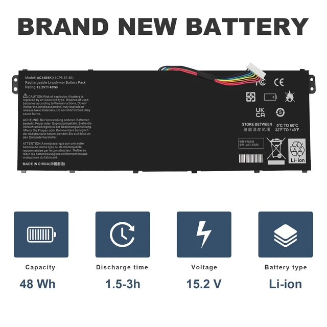 Alt view image 5 of 5 - AC14B8K Laptop Battery for Acer Aspire R3-131T R5-471T R5-571T R5-571TG E3-111 E3-112 ES1-511 ES1-512 ES1-531 ES1-520 ES1-111M R7-371T R7-372T V3-111 fits KT.0040G.004, KT0030G.004, 3ICP5/57/80