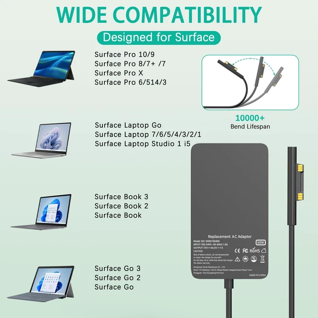Alt view image 2 of 5 - YBRUZRUB 65W Surface Pro Charger for Surface Pro 7 8 Microsoft Laptop 3 4