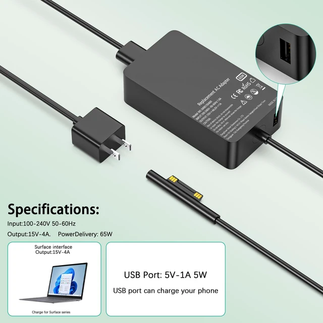Alt view image 3 of 5 - YBRUZRUB 65W Surface Pro Charger for Surface Pro 7 8 Microsoft Laptop 3 4