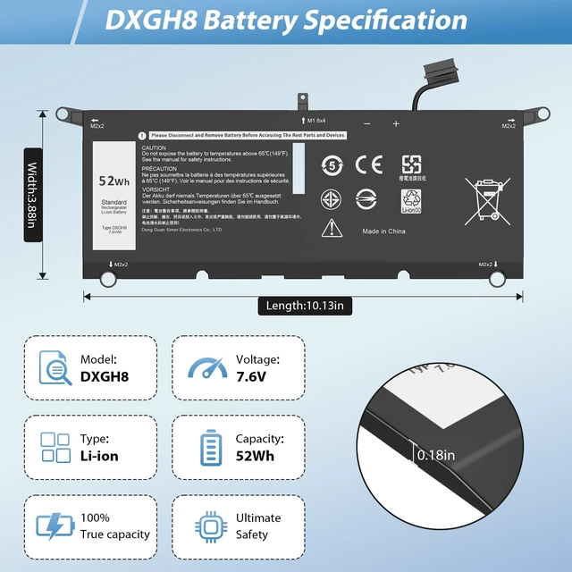 Alt view image 2 of 5 - COWOOGMZ DXGH8 Battery Replacement for Dell XPS 13 9370 9380 I nspiron 13 7390 2-in-1 5390 5391 14 7490 Latitude 3301 E3301 Vostro 5390 5391 0H754V H754V G8VCF G8VCF6C P113G001 P82G P82G001 7.6V 52