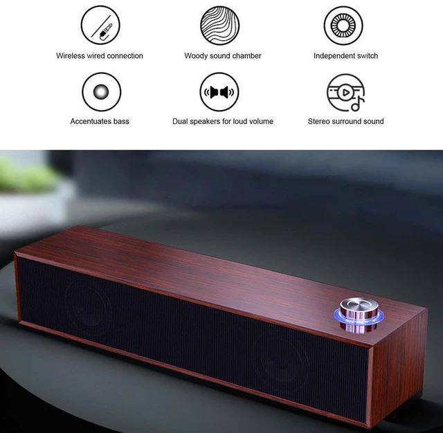 Alt view image 3 of 5 - Wood Computer Speakers for Desktop, Mini Sound Bar Speaker with Stereo Sound, USB Powered Small PC Speakers, with Volume Knob, 3.5mm AUX Plug & , Plug and Play