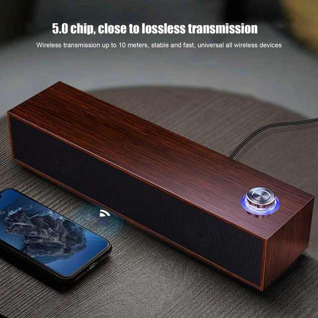 Alt view image 4 of 5 - Wood Computer Speakers for Desktop, Mini Sound Bar Speaker with Stereo Sound, USB Powered Small PC Speakers, with Volume Knob, 3.5mm AUX Plug & , Plug and Play