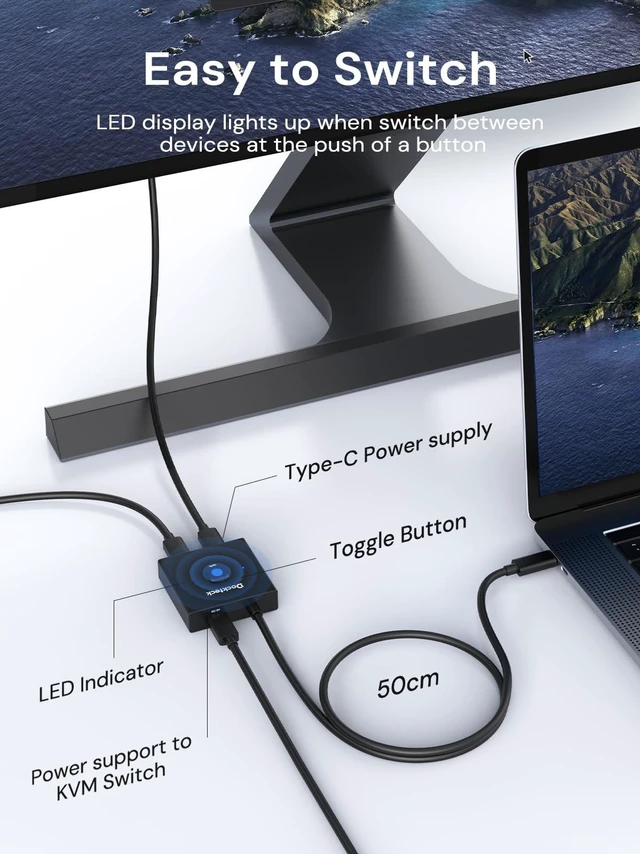 Alt view image 3 of 5 - Dockteck USB C Switch, Bi-Directional Switcher 1 in 2 Out/2 in 1 Out, USB Switch with 4K@60Hz, 10Gbps Transfer Speed, 100W PD Charging,Included Two 3.3FT USB-C Full Featured Cable for Laptop