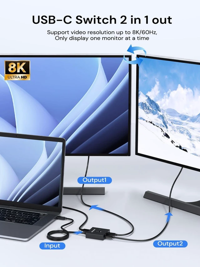 Alt view image 4 of 5 - Dockteck USB C Switch, Bi-Directional Switcher 1 in 2 Out/2 in 1 Out, USB Switch with 4K@60Hz, 10Gbps Transfer Speed, 100W PD Charging,Included Two 3.3FT USB-C Full Featured Cable for Laptop