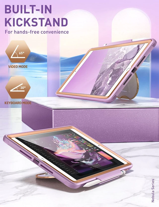 Alt view image 2 of 5 - Clayco Nebula Case for iPad 9th/8th/7th Generation Case 10.2 Inch 2021/2020/2019, Multi-Angle Viewing Full Body Stand Cover for iPad 10.2" with Built-in Screen Protector & Pencil Holder, Purple