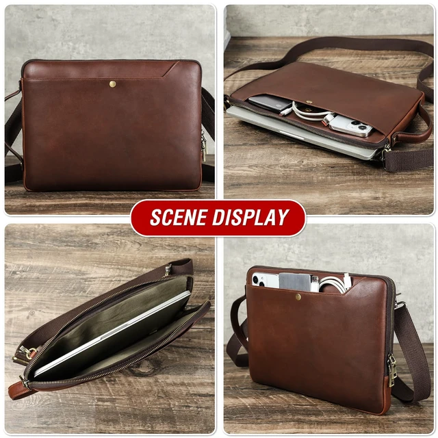 Alt view image 2 of 5 - CataPurus Top Grain Leather 14.2" Slim Laptop Bag Case, Handmade, Adjustable Strap & 2 Pockets, Compatible with MacBook Pro 14 inch 2021 2022 M1 Pro/M1 Max A2442 & Other PC, Red Coffee 14.2 Inch