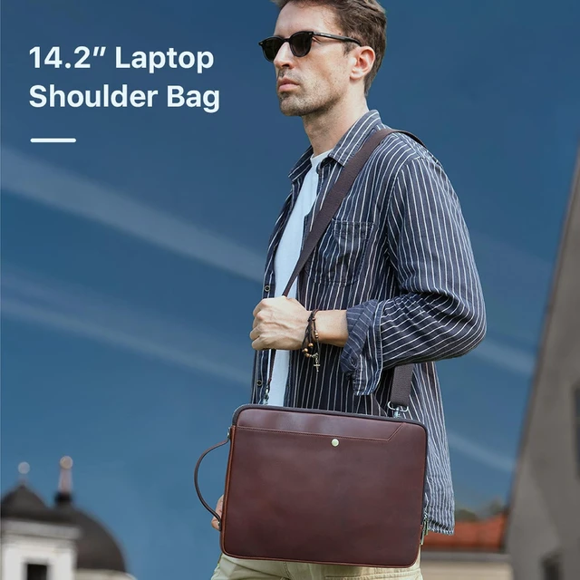 Alt view image 3 of 5 - CataPurus Top Grain Leather 14.2" Slim Laptop Bag Case, Handmade, Adjustable Strap & 2 Pockets, Compatible with MacBook Pro 14 inch 2021 2022 M1 Pro/M1 Max A2442 & Other PC, Red Coffee 14.2 Inch