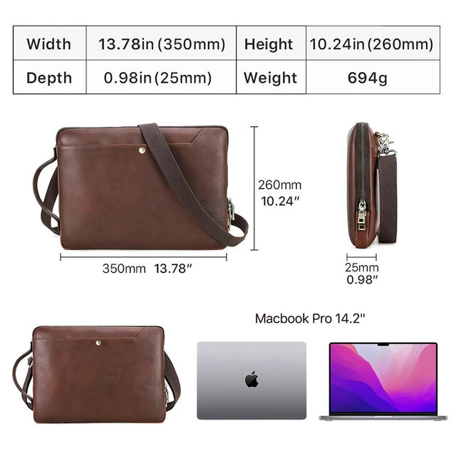 Alt view image 4 of 5 - CataPurus Top Grain Leather 14.2" Slim Laptop Bag Case, Handmade, Adjustable Strap & 2 Pockets, Compatible with MacBook Pro 14 inch 2021 2022 M1 Pro/M1 Max A2442 & Other PC, Red Coffee 14.2 Inch