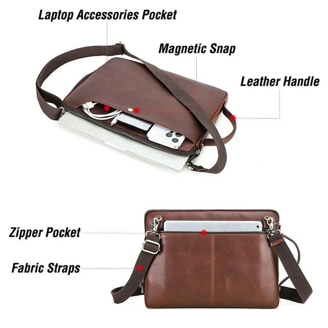 Alt view image 5 of 5 - CataPurus Top Grain Leather 14.2" Slim Laptop Bag Case, Handmade, Adjustable Strap & 2 Pockets, Compatible with MacBook Pro 14 inch 2021 2022 M1 Pro/M1 Max A2442 & Other PC, Red Coffee 14.2 Inch