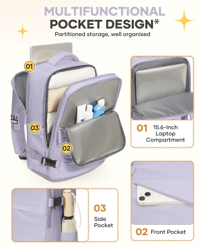 Alt view image 5 of 5 - coofay Large Carry On Backpack Flight Approved Personal Item Travel Backpack For Women Airline Approved Waterproof Sports Luggage Backpack Casual Daypack Small Hiking Backpack Purple Backpack