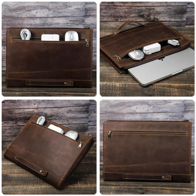 Alt view image 2 of 5 - CataPurus Top Grain Leather 14.2" Slim Laptop 90 Zipper Bag, Vintage Design, Handmade, Compatible with MacBook Pro/Air 14"/13.3"/13.6" 2021 2022 M1 Pro/M1 Max A2442 & Other Laptop, Coffee 14.2 Inch