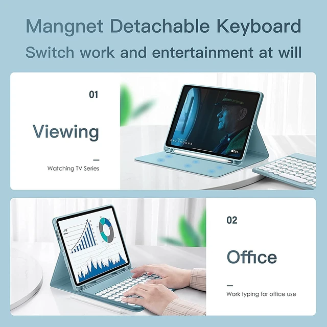 Alt view image 4 of 5 - QIYIBOCASE Keyboard Case for Galaxy Tab A8 10.5 Inch 2022 Model (SM-X200/X205/X207) - Slim Leather Folio Cover with S Pen Holder - Magnetically Wireless Detachable Keyboard - Round Keys (Teal)