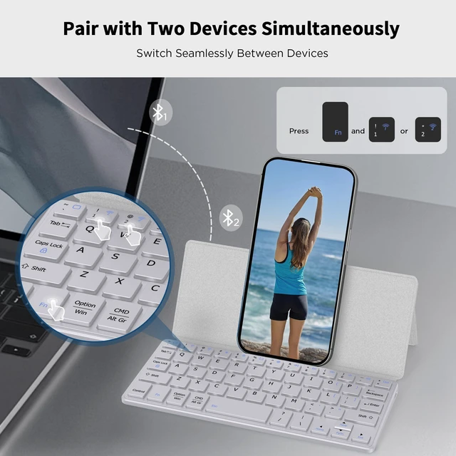 Alt view image 2 of 5 - CACOE Wireless Keyboard with Stand, Mini Keyboard for Cell Phone, Ultra-Slim Portable, Foldable, Dual-Channel QWERTY with Stand Holder for Smartphone and More iOS Android Windows, Grey