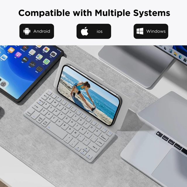 Alt view image 4 of 5 - CACOE Wireless Keyboard with Stand, Mini Keyboard for Cell Phone, Ultra-Slim Portable, Foldable, Dual-Channel QWERTY with Stand Holder for Smartphone and More iOS Android Windows, Grey