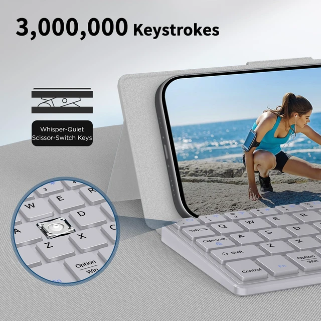 Alt view image 5 of 5 - CACOE Wireless Keyboard with Stand, Mini Keyboard for Cell Phone, Ultra-Slim Portable, Foldable, Dual-Channel QWERTY with Stand Holder for Smartphone and More iOS Android Windows, Grey