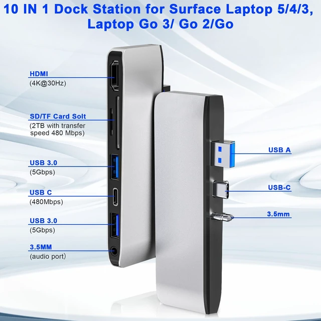 Alt view image 2 of 5 - Clickfish Surface Laptop 6/5/4/3 Hub Docking Station, USB-C Hub with 4K@30Hz HDMI, 2xUSB 3.0, USB-C, SD/TF Card Slot, 3.5mm Audio for Surface Laptop 6/5/4/3/Laptop Go 3/Go2/Go