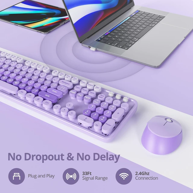Alt view image 3 of 5 - Ussixchare Purple Keyboard and Mouse, Cute Wireless Keyboard and Mouse Combo, Full Size Typewriter Keyboard with Number Pad, Colorful Keyboard for Pc Laptop(Purple Colorful)